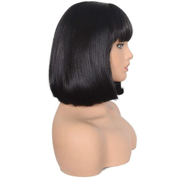 Short Straight Bob Wig Heat Resistant Hair with Blunt Bangs Natural - Picture 4 of 7